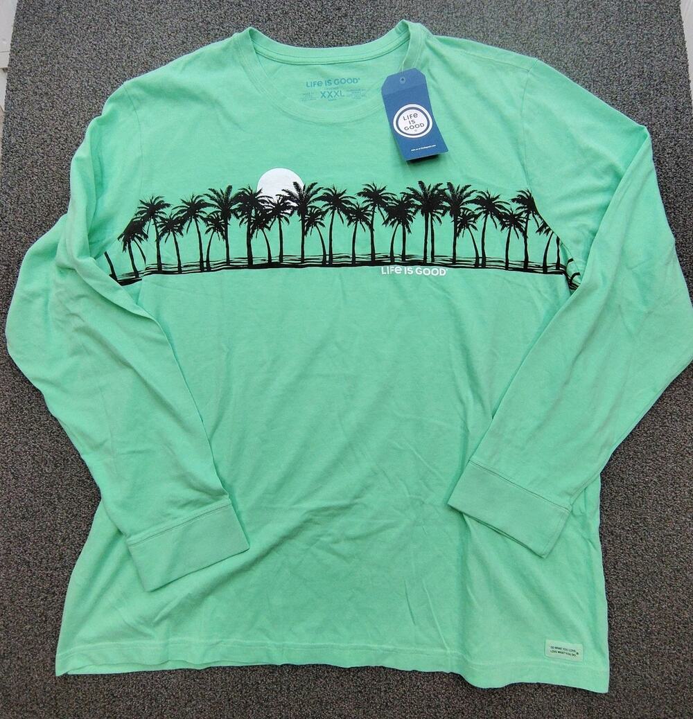 New Men’s Life Is Good Size 3XL Long Sleeve Green Crusher T-Shirt Palm Trees